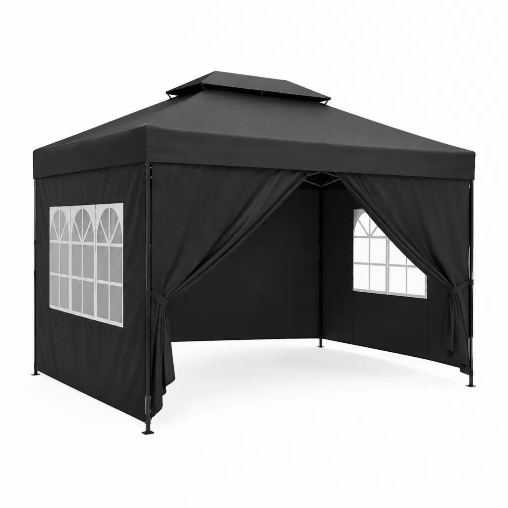 Pavillon 3 x 3 m mit Seitenteilen Polyester Stahl quadratisch Schwarz 300 x 300 x 270 cm