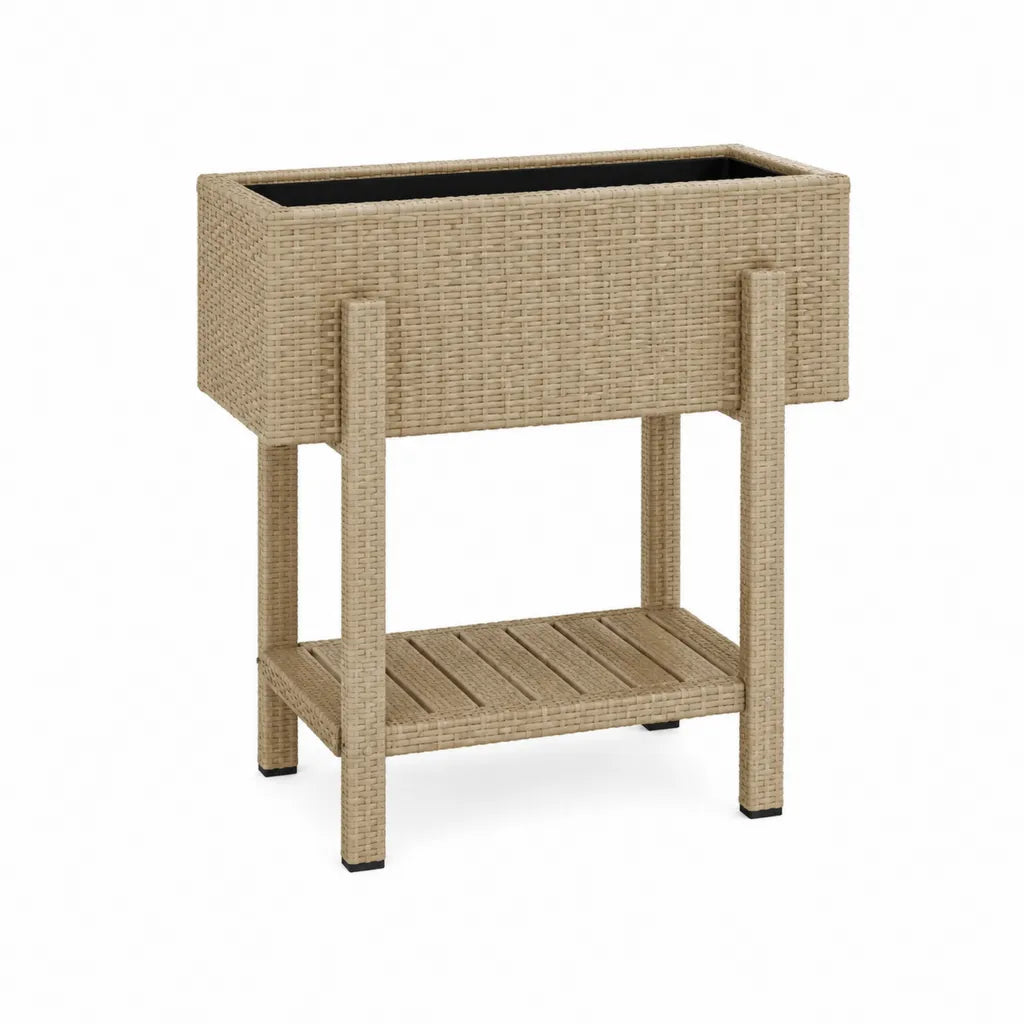 Hochbeet Pflanzkübel mit Ablage 80 x 30 x 80 cm PE-Rattan rechteckig Beige