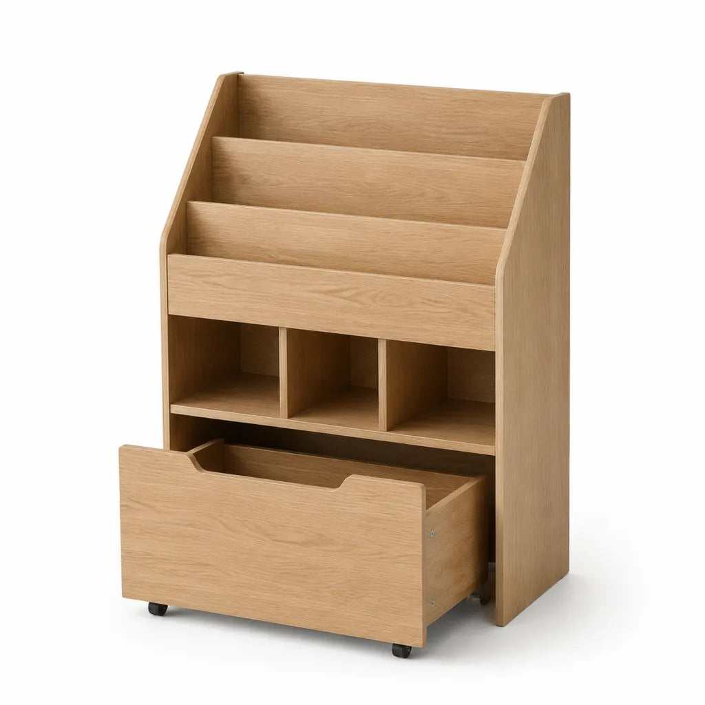 Kinder Bücherregal mit 3 Präsentationsfächern 3 Ablagefächern und Rollschublade MDF in Eichenoptik 80 x 40 x 120 cm Natur