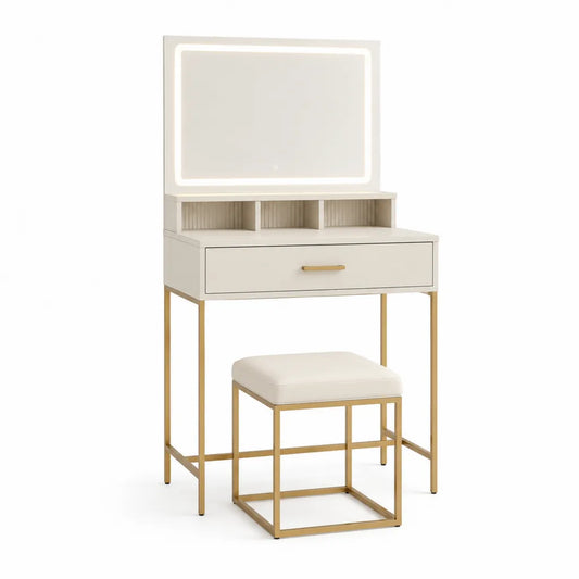 Schminktisch Set mit LED Spiegel Hocker und Schublade MDF Stahl rechteckig Weiß Gold 80 x 40 x 140 cm