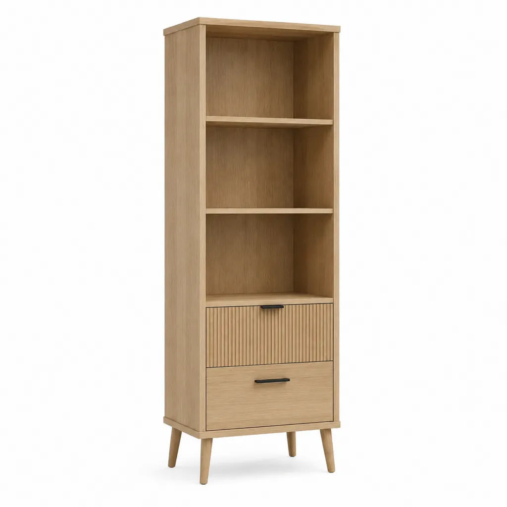Bücherregal mit 3 offenen Fächern und 2 Schubladen aus Spanplatte in Eiche Natur 60 x 40 x 180 cm
