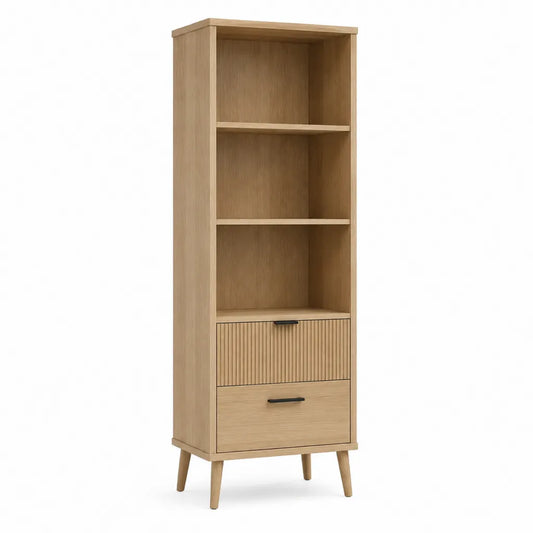 Bücherregal mit 3 offenen Fächern und 2 Schubladen aus Spanplatte in Eiche Natur 60 x 40 x 180 cm