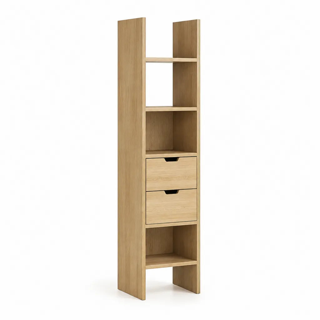 Standregal mit 2 Schubladen und 4 offenen Fächern 190 x 45 x 35 cm Spanplatte Eichenholzoptik Rechteckig Natur