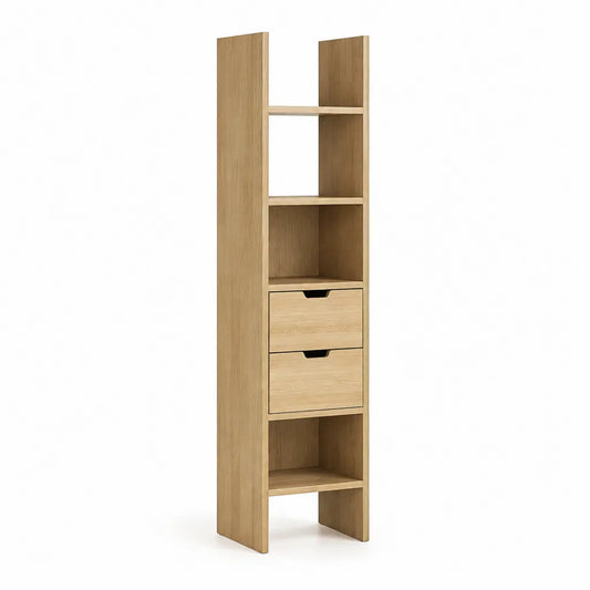 Standregal mit 2 Schubladen und 4 offenen Fächern 190 x 45 x 35 cm Spanplatte Eichenholzoptik Rechteckig Natur