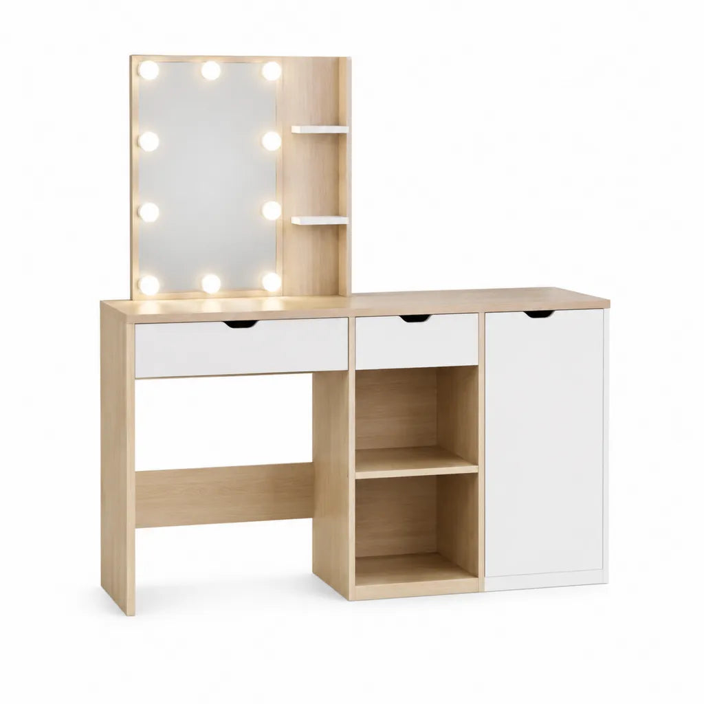 Schminktisch mit Spiegel und LED-Beleuchtung 120 x 40 x 140 cm MDF rechteckig Eiche hell Weiß